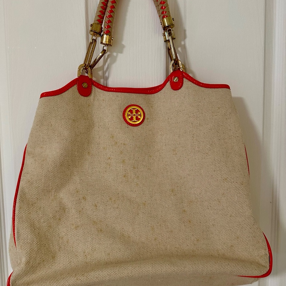Tory Burch Canvas Tote with Orange Trim